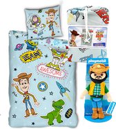 Toy Story dekbedovertrek - 1persoons 140x200 - dubbelzijdig polyester, incl. pluche cowboy Playmobil 30cm