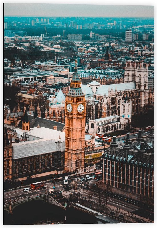 Dibond - Big Ben met de Stad - Londen  - 40x60cm Foto op Aluminium (Wanddecoratie van metaal)