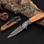 Zakmes - Damascus - Survival - Outdoor Mes - Pocket Knife - Vlijmscherp - Houten handvat - Stoer - Hunting Knife - Kamperen - 22cm -Kerstcadeau Tip