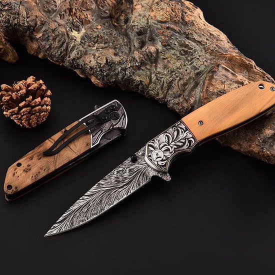 Zakmes - Damascus - Survival - Outdoor Mes - Pocket Knife - Vlijmscherp - Zakmessen - Houten handvat - Stoer - Hunting Knife - Kamperen - 22cm - Cadeau Tip