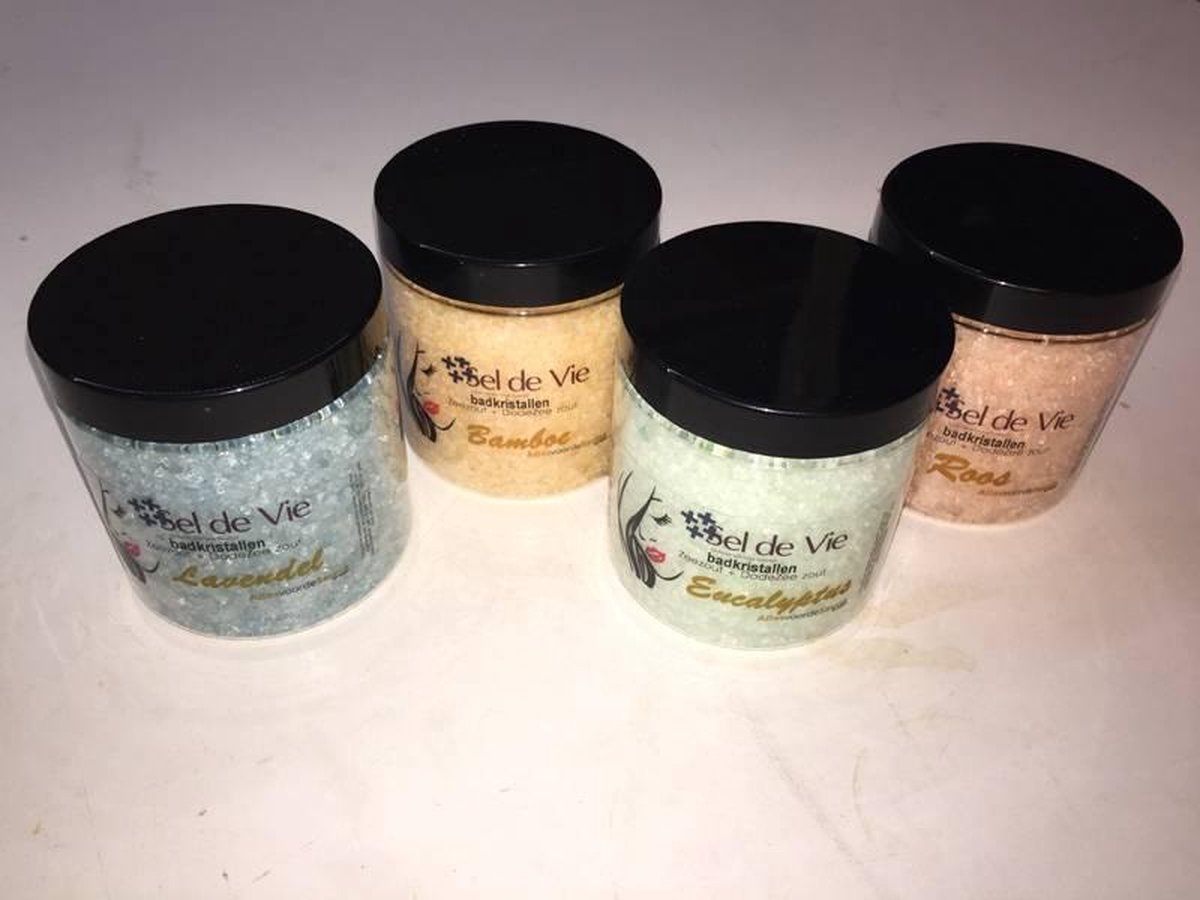 Badzout pakket 4 x 300gr uit zeezout en dode zee zout. Cadeaupakket. Sinaasappel/Limoen, Jeneverbes, Roos, Eucalyptus