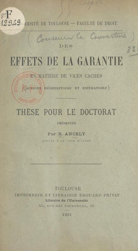 Des effets de la garantie en matière de vices cachés (acti ... - cover