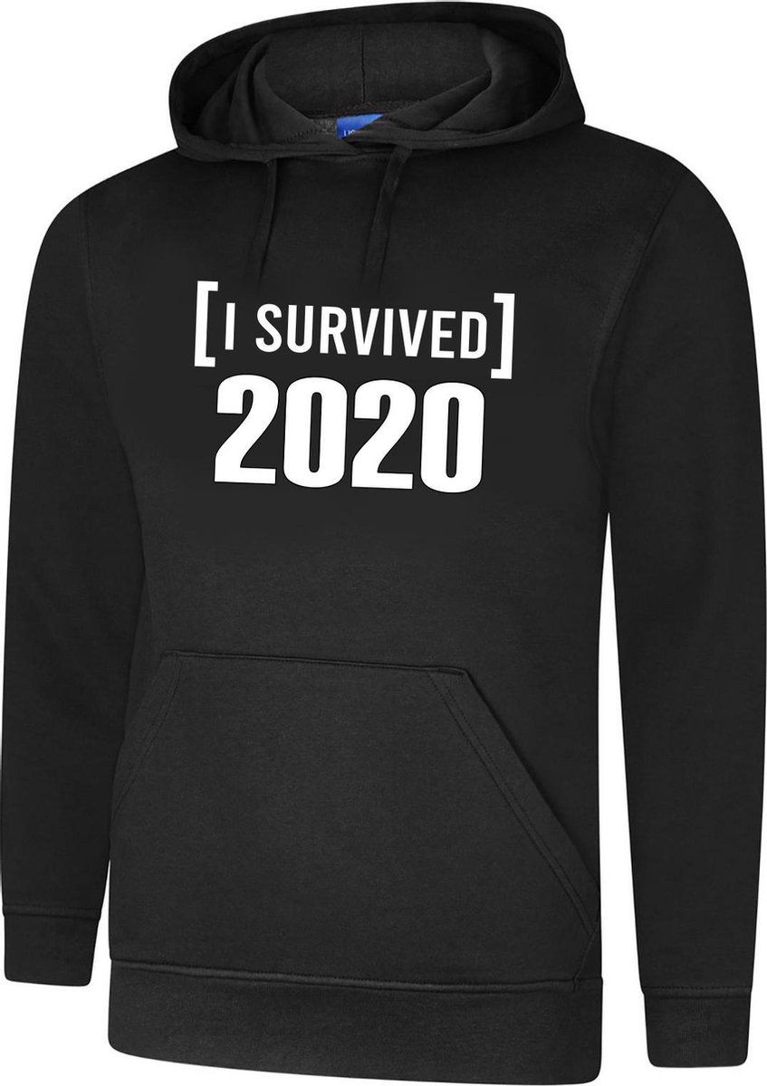 Hooded Sweater - met capuchon - Casual Hoodie - Lifestyle Hoody - Workout Sweater - Chill Sweater - Zwart - I Survived 2020 - Maat L