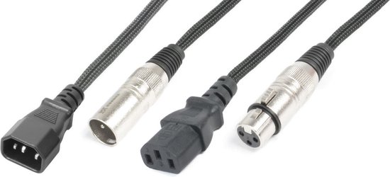 Vier kabels met zwarte gevlochten mantel. Eén met een C13 stekker, één met een C7 stekker, en twee met XLR connectoren.