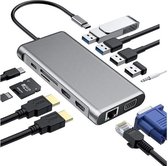 DrPhone MD4 - 12 in 1 Multipoort HUB - 3 Schermen + Poorten Uitbreiden - USB-C naar Dubbele HDMI/VGA/4xUSB/PD 3.0/(Micro)SD + 3.5mm Audio & RJ45 Ethernet