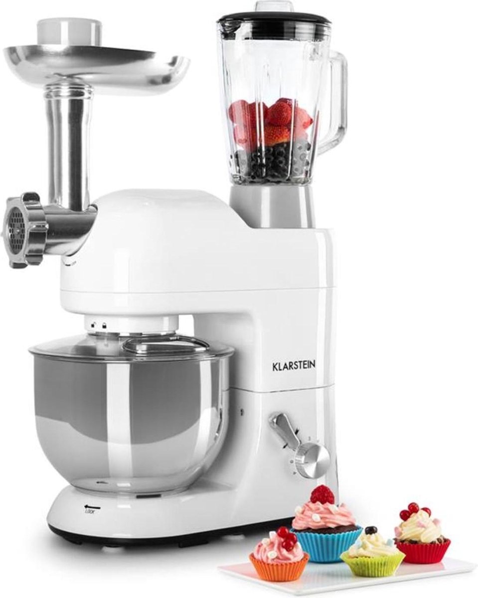 Klarstein Knetmaschine Küchenmaschine mit Fleischwolf, 2000W Teigmaschine Klein, 6 Stufen, Schneebesen Rühr- & Knethaken, Planetenrührwerk, Rührmaschine mit Mixer, Küchenmaschinen mit 5L Schüssel