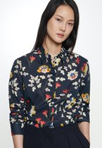 Dames blouse middernachtblauw met bloem- en vogel print  volwassen lange mouw  luchtig katoen luxe chic