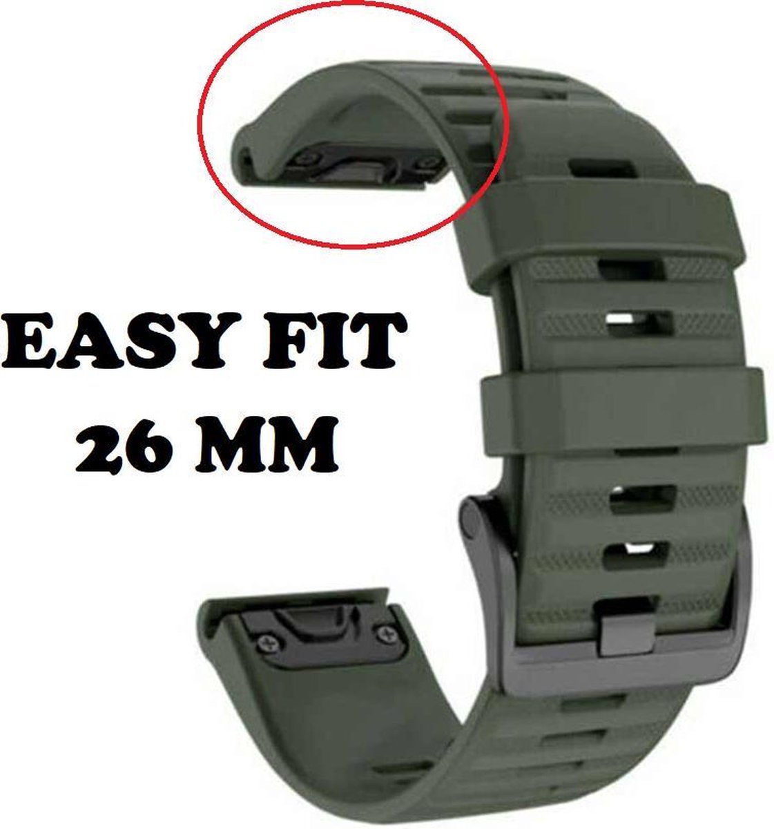 Firsttee - Siliconen Horlogeband - EASY FIT - 26 MM - Voor GARMIN - LEGERGROEN - Horlogebandjes - Quick Release - Easy Click - Garmin – Fenix 5X – Fenix 6X - Fenix 3 - Horloge bandje - Golfkleding - Golf accessoires – Cadeau - Firsttee