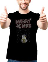 Kerst T-shirt Heren Merry Xmas Sneeuwpop en sneeuw – Maat XL - Zwart