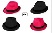 4x Gleufhoed pink en zwart met zwarte band - Hoofddeksel hoed festival thema feest party fun hoedje