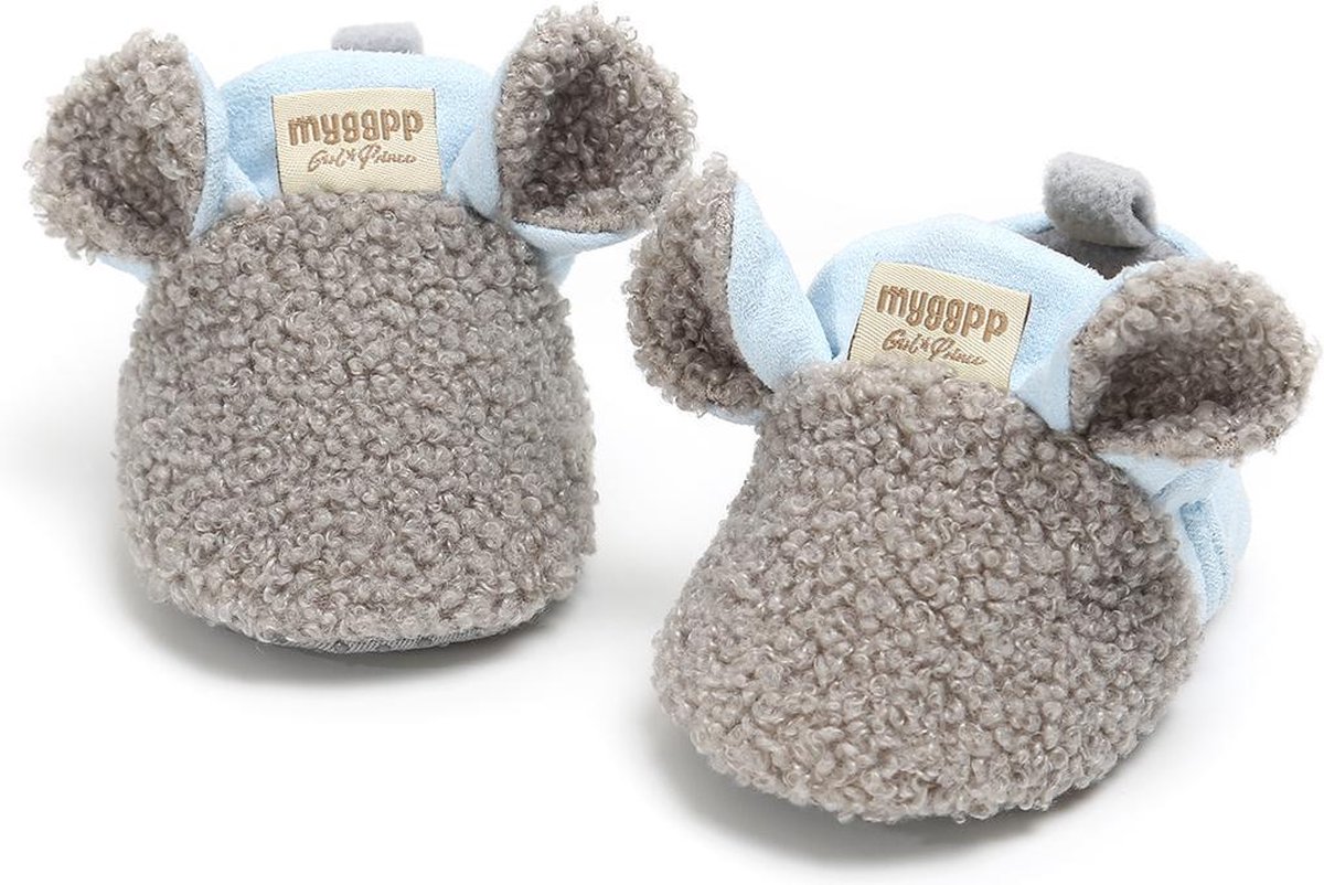 Schattige en baby slofjes met anti slip zool blauw/grijs 0-6 mnd/11 cm - slofjes voor je baby