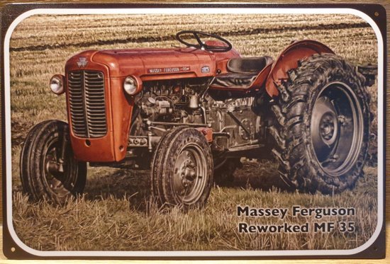 Massey Ferguson MF35 tractor reworked trekker Reclamebord van metaal METALEN-WANDBORD - MUURPLAAT - VINTAGE - RETRO - HORECA- BORD-WANDDECORATIE -TEKSTBORD - DECORATIEBORD - RECLAMEPLAAT - WANDPLAAT - NOSTALGIE -CAFE- BAR -MANCAVE- KROEG- MAN CAVE