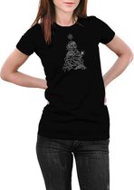 Kerst T-shirt Dames met glinsterende kerstboom in abstracte lijnen– Maat M - Zwart