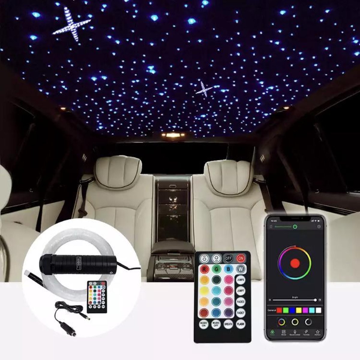 Ensemble de plafond de ciel étoilé couleur de mélange de toit de voiture  ciel clair 380pcs 2m fibre optique avec contrôle RF IOS / contrôle Android