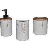 Accessoires badkamer-Set van 3-Wit polyresin-Bamboe-Wattenschijfhouder-Wattenbollen houder-Zeeppompje-Zeepdispenser-Tandenborstelhouder-Beker