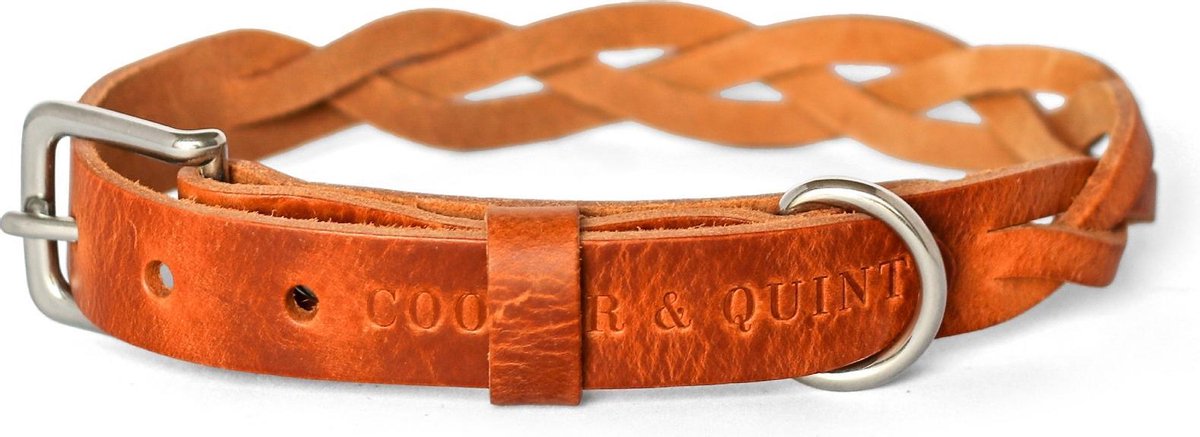 Cooper & Quint Twisted - Halsband hond gevlochten leer - Camel - Zilver - Medium