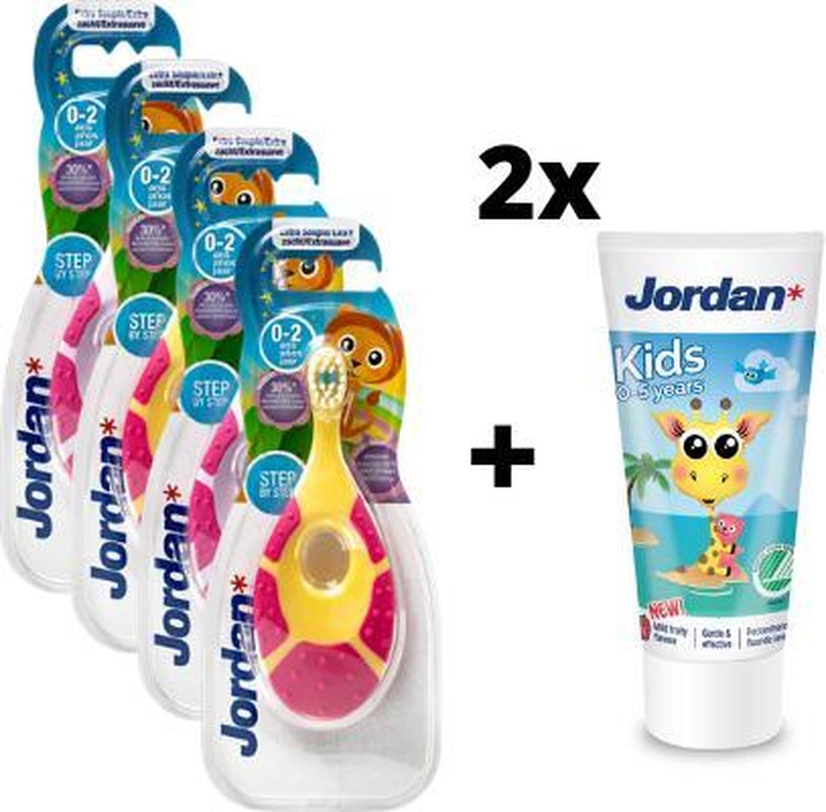 Goedkoopste Jordan Step By Step 1 - 4x Tandenborstel (0-2 jaar) Kleur Roze/Geel met 2x Jordan Tandpasta 0-5 jaar