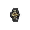 Zwart G-Shock horloge met gouden wijzerplaat, analoge en digitale weergave, op witte achtergrond.