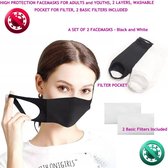 Mondkapje beschermend mondmasker herbruikbaar uitwasbaar 4 stuks met 4 filters zwart/wit
