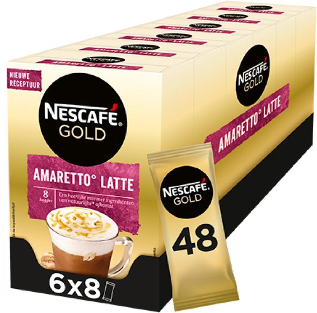 Nescafé Gold Amaretto Latte oploskoffie - 6 doosjes à 8 zakjes