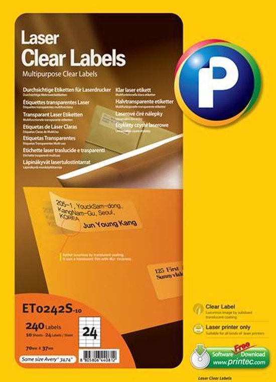 Printec semi transparante etiketten - Laser printer - 24 labels per A4 - 10 vel - 70x37mm - 240 doorzichtige stickers