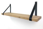 Eiken wandplank massief recht 80 x 30 cm met leren riemen zwart - Eikenhouten wandplank - Wandplank - Leren plankdragers - Fotoplank