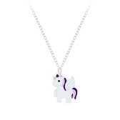 Joy|S - Zilveren eenhoorn hanger met ketting unicorn wit paars 36 cm + 5