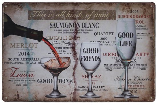 Foto: Wandbord all kinds of wine wijn vintage retro wanddecoratie reclame bord restaurant kroeg bar cafe horeca metal sign 20x30cm