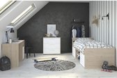 LIAM Complete kinderkamer - Bed + ladekast + bureau - Eigentijdse stijl - Eikenhouten en witte decoraties.