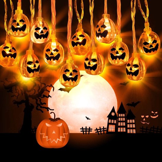 Halloween weerbestendig gekleurd lichtsnoer pompoen. 20 LED`s voor binnen  en buiten.... | bol.com