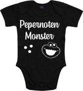 Baby romper met opdruk “Pepernoten monster”, (kraamcadeau) voor baby’s. Zwart met witte opdruk. Leuk voor sinterklaas feest