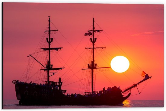 Dibond - Schip op Zee tijdens Zonsopgang - 60x40cm Foto op Aluminium (Met Ophangsysteem)