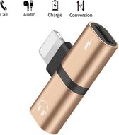 DrPhone Audio Splitter Adapter - 2 Lightning Poorten - Stereo Sound - Opladen + Audio - 2 in 1 -  Voor iPhone 13 / 12 / 11 etc  / iPad -  Goud