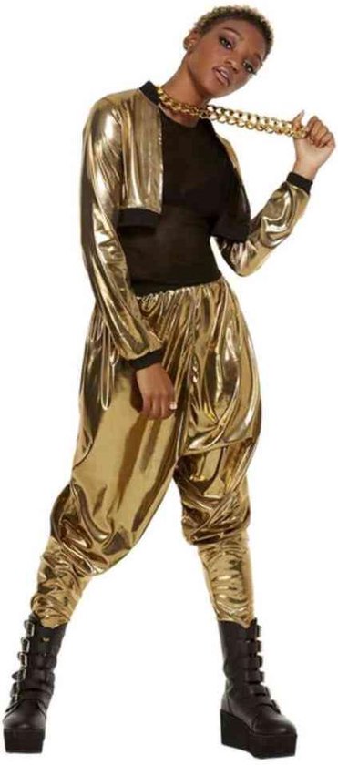 Smiffy's - MC Hammer Kostuum - 80s Hammer Time Golden Rapper - Vrouw - Zwart, Goud - Large - Carnavalskleding - Verkleedkleding