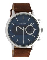 OOZOO Timepieces - zilverkleurige horloge met bruine leren band - C10670 - Ø50