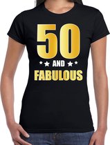 50 and fabulous verjaardag cadeau t-shirt / shirt - zwart - gouden en witte letters - voor dames - 50 jaar verjaardag kado shirt / outfit XS