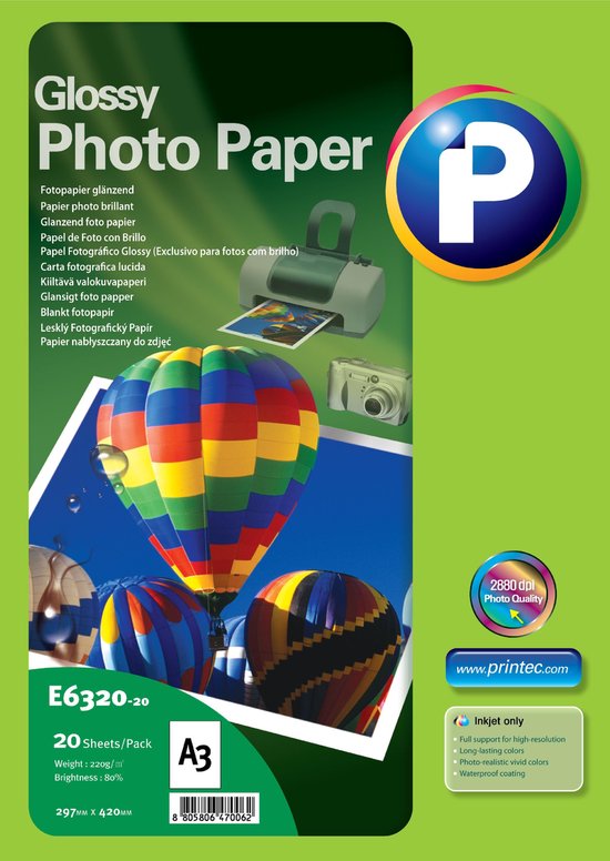 Printec Fotopapier - Glossy glanzend - 20 vellen A3 formaat - 297x420mm,  220 gram per m² | bol.com