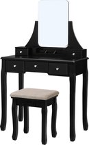 Kaptafel met frameloze spiegel - Moderne kaptafel met kruk - 5 laatjes - 80 x 40 x 137,5 cm - Zwart