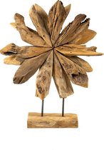 Teakhouten decoratie op voet - bloem - houten woondecoratie - hout/bruin - 30 x 10 x 40 cm
