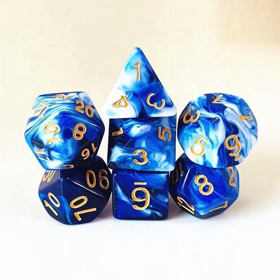 Dungeon Dice Plastic Polydice Dés Set De 7 Pièces - Blauw Wit | Pour D&D et autres jeux de rôle | Set de Dés en plastique pour donjons et Dragons