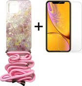 iPhone 12 hoesje met koord case marmer roze wit - 1x iPhone 12 Screenprotector