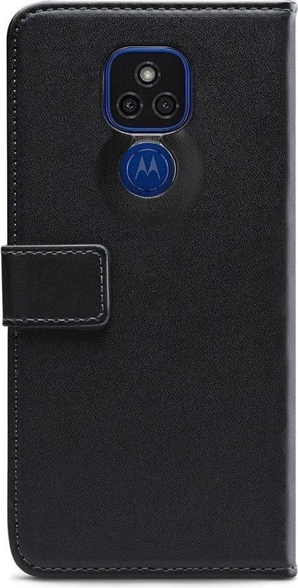 Étui portefeuille noir en cuir avec rabat, logo Motorola au centre.