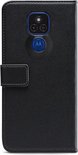 Étui portefeuille noir en cuir avec rabat, logo Motorola au centre.