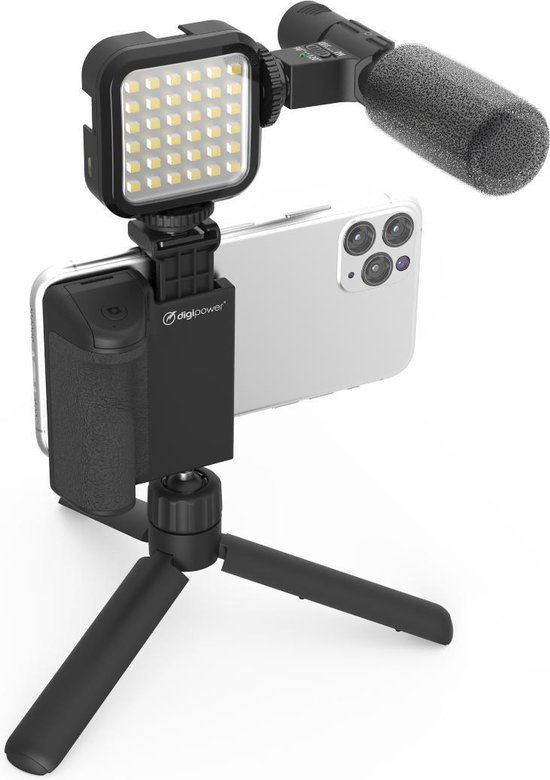 Trépied photo,Mini trépied avec Microphone et lumière LED, support de  téléphone Portable, trépied pour caméra