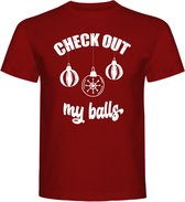 T Shirt - Foute Kerst Shirt - Casual T - Shirt - Fun Shirt - Fun Tekst - Kerstballen - Burgundy - Donker Rood - Check Out My Balls - maat S