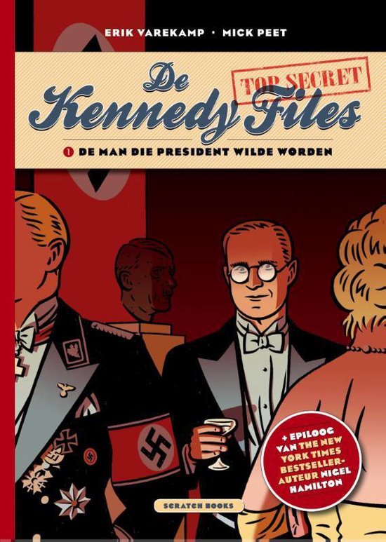 Boekomslag "De Kennedy Files" met illustratie van mannen in pakken en nazi-uniformen.