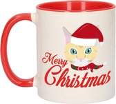 Cadeau kerstmok rood Merry Christmas met kat - 300 ml - keramiek - mok / beker - Kerstmis - kerstcadeau kattenliefhebbers