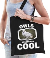 Dieren sneeuwuil  katoenen tasje volw + kind zwart - owls are cool boodschappentas/ gymtas / sporttas - cadeau uilen fan