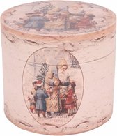 Opbergbox doos rond Ø20 cm Kerstman met kinderen mdf PU leer | 10518811 | Dutch Style