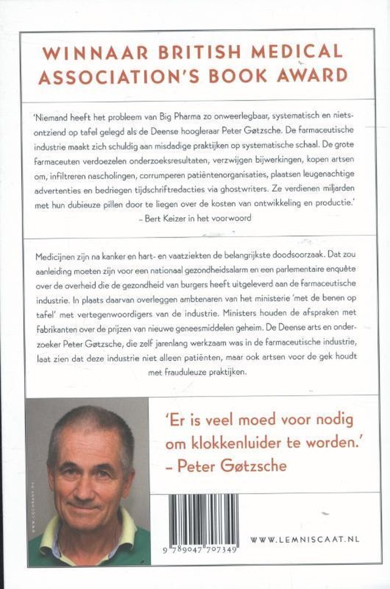 Achterkant boek met foto van Peter C. Gøtzsche. Tekst: 'Winnaar British Medical Association's Book Award.'